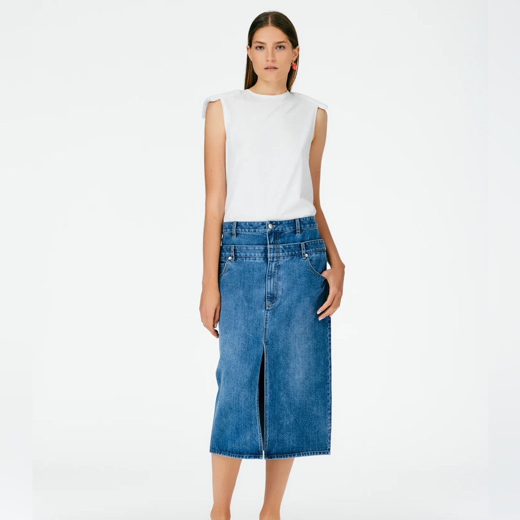 Tibi Double-Waist Denim Skirt